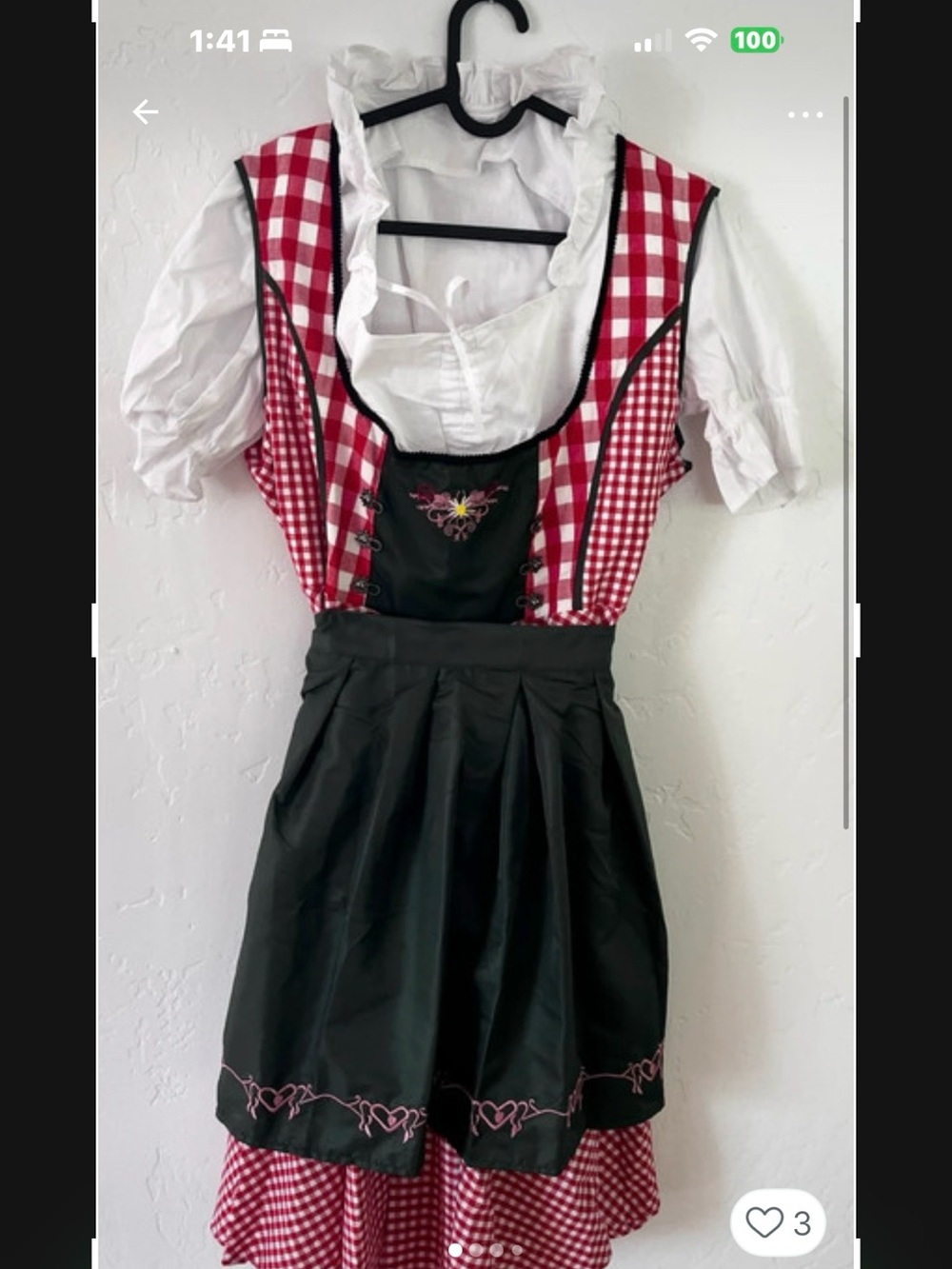 Ladies Red Gingham Dirndl Costume with Black Apron